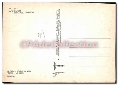 Brou — Vista da halle, da prefeitura, da igreja e de um edifício — Edições 'La cigogne' Hachette — Verso