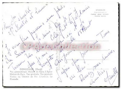 Concoules — vista panorâmica, casa de cura, igreja, viaduto, cachoeira — Bilhete postal antigo — Verso