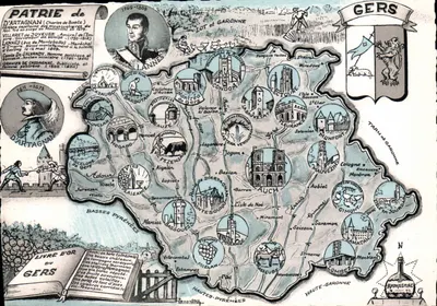 Gers — Carta postal ilustrada com figuras históricas e locais