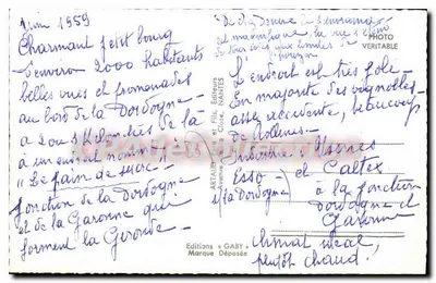 Bourg-sur-Gironde — vista panorâmica com Parc de la Citadelle, Le Port, Le Pont e o Bassin, Castelo de Mille Secousses — Éditions Gaby, Nantes — Verso