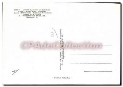 Półnowoczesna pocztówka Muzeum Samochodowe Saint Christoly de Blaye Rowery Motocykle Lucien Mette Zamek Corderie — Rewers