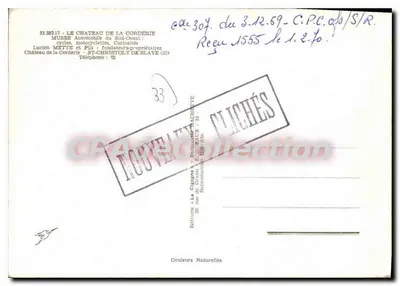 Półnowoczesna pocztówka Muzeum Samochodów Saint Christoly de Blaye Cycles Motocykle Lucien Mette Zamek na Strunie — Rewers
