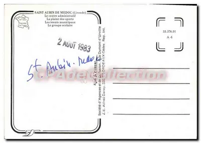 Bilhete postal semimoderno Saint Aubin De Medoc O Centro Administrativo A Plaine Des Sports Os Tennis Municipais O Grou — Verso