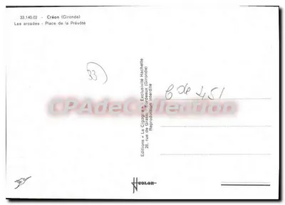 Créon (Gironde) — Place de la Prévôté — La Cigogne, n°33.140.02 — Verso