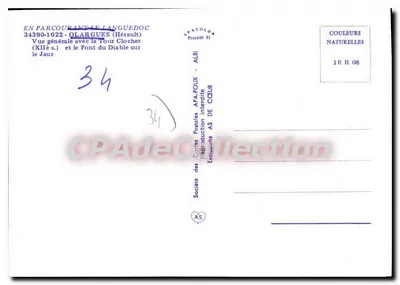 Olargues — Vista geral com a Torre Sinagoga (século XII) e o Ponte do Diabo sobre o Jaur — Société des Cartes Postales APA-POUX ALBI — Verso