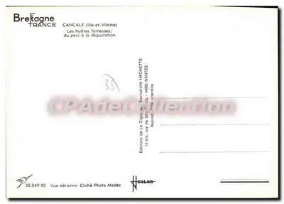 Cancale — widok z lotu ptaka i specjalność ostryg — Éditions de La Cigogne — Rewers