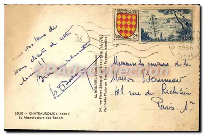 Widok z powietrza na fabrykę tytoniu w Châteauroux — wydawca M. Roussel, n°34 — Rewers