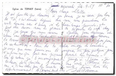 Kościół w Ternay (Isère) — widok budynku z dwiema zegarmi na wieży — PhotoGarderie — Rewers