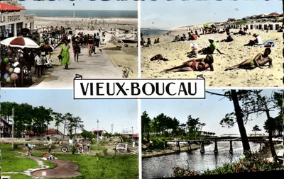 Vieux-Boucau — praia, golfe miniatura e ponte — editor desconhecido, número de série não visível