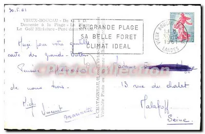 Vieux-Boucau — praia, golfe miniatura e ponte — editor desconhecido, número de série não visível — Verso