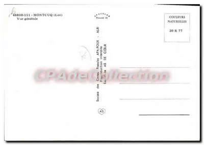 Montcuq — vista geral — Sociedade das Cartas Postais APA-POUX, ALBI, n° 48800-111 — Verso