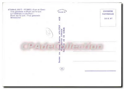 Fumel — vista geral, ponte sobre o Lot, castelo — Sociedade das Cartas Postais APA-POUX — Verso