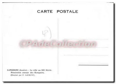 Langogne (Lozère) — A cidade no século XII — Procissão ao redor dos muros — Desenhado por P. Laurent — Verso