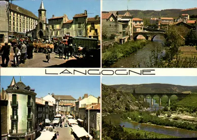 Langogne — vista da cidade, mercado de bois, ponte e viaduto — Edições J. Céllard