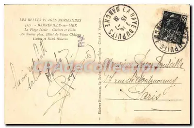 Barneville-sur-Mer — Praia e cabines — Editor A. Veyssière, n°4251 — Verso