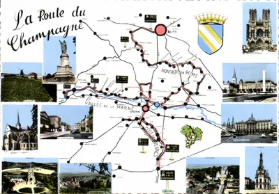 A Estrada do Champagne — carta postal turística com itinerário e fotos de locais — Impressora V. MAÇON