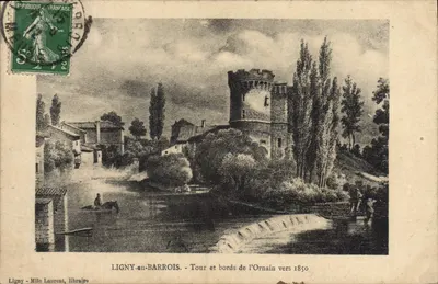 LIGNY-en-BARROIS - Torre e margens do Ornain em torno de 1850 — Mlle Laurent, livreira