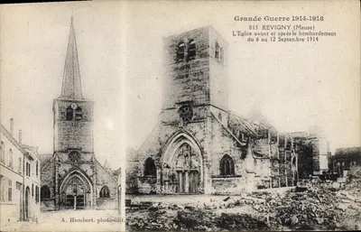 Revigny (Meuse) — Igreja antes e depois do bombardeio de 6 a 12 de setembro de 1914 — A. Humbert, foto-editora Vilea 64