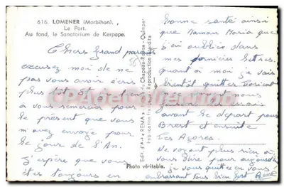 Porto de Lomener (Morbihan) — pescadores e crianças no cais — editor RÉMA, n° 616 — Verso
