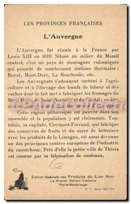 Auvergne — Les Provinces Françaises — Wydanie Specjalne Produktów Znaku Czarnego Lwa — Rewers