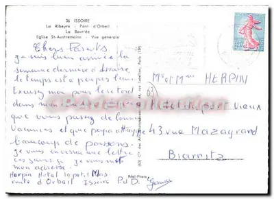 Issoire — vista geral com igreja, ponte suspensa e casal — CPAdeCollection — Verso