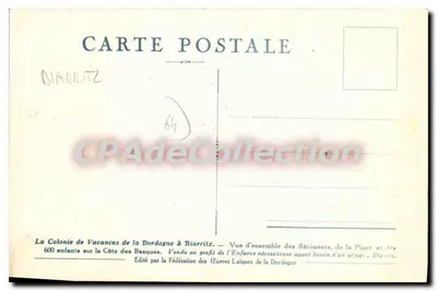 Biarritz — Vista geral dos edifícios, da praia e dos 600 crianças na Costa dos Bascos — Editado pela Federação das Obras Laicas da Dordogne — Verso