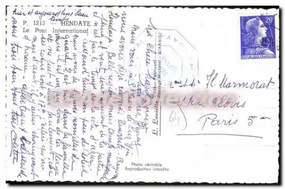 Ponte internazionale a Hendaye — Frontiera — editore Lavielle, n° P. 1213 — Verso
