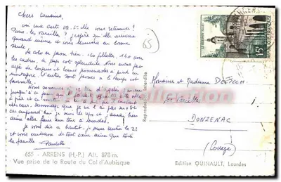 Arrens (H.P.) — Uitzicht genomen vanaf de Route du Col d'Aubisque — Uitgave QUINAULT, Lourdes — Achterkant