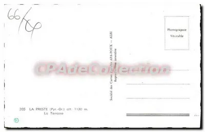 La Preste (Pyrénées-Orientales) — The Terrace — APA-POUX Postcard Society — No. 205 — Back