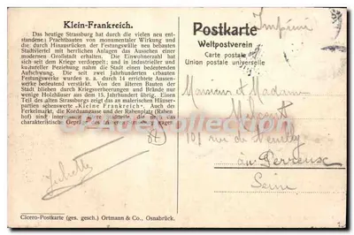 Estrasburgo — vista do canal e das casas com colmios — Cicero-Postkarte, Ortmann & Co., Osnabrück — Verso