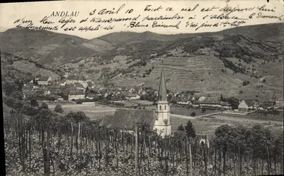 Andlau — vista panorâmica com igreja e vinhedos — editor não identificado