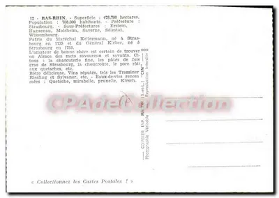 Bas-Rhin — Karta pocztowa turystyczna z mapą i zdjęciami miejsc — wydawca Combiér, nr 12 — Rewers