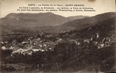 A Valle da Thur - SAINT-AMARIN — vista panorâmica com as montanhas Drumont, Wesserling e Ranspach — editor CLE, n° 23374