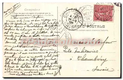 Modane-Ville — panoramische weergave van het dorp en de sneeuwbedekte bergen — F. Montez, uitgever, n° 7834 — Achterkant