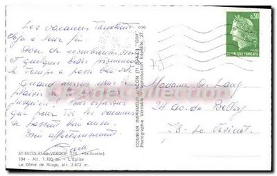 Kościół Świętego Nikodema z Véroce — widok z Domo de Miage w tle — COMBIER Imprimeur, 74 — Rewers