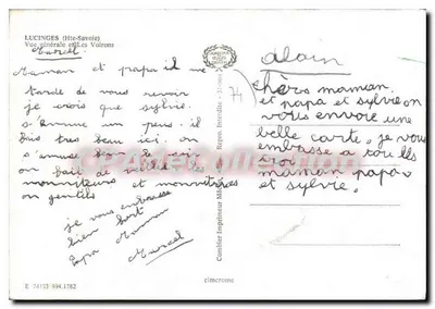 Lucinges (Alta Saboya) — vista general y Les Voiron — editor Cambier Imprimeur Médecin — Reverso