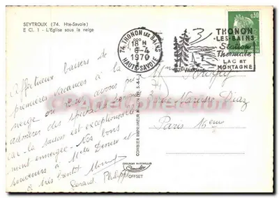 Seytroux (74) - Kościół pod śniegiem — wydawca Combier Imprimeur Maccon (74) S.A.L. — Rewers