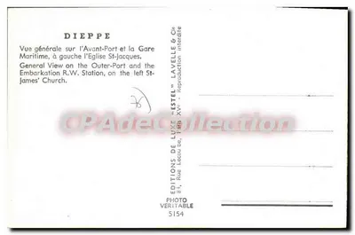 Dieppe — Vista geral do Avant-Port e da Gare Maritime, à esquerda a Igreja de São Jacó — Editor Estel, n° 5154 — Verso