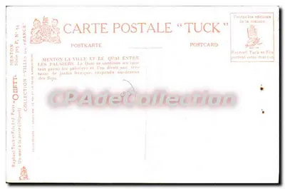 Menton — A cidade e o cais entre os palmazeiros — Tuck & Co. n° 54 — Verso