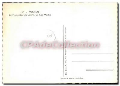 Menton — A Promenade do Casino, O Cabo Martin — Ed. S.I.C.A., 98, Av. Saint-Lambert, Nice — Verso
