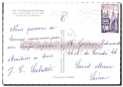 Villefranche-sur-Mer — Panoramiczny widok na miasto, port i Mont-Boron — Wydawnictwo S.E.P.T. - Wyroby francuskie — Rewers
