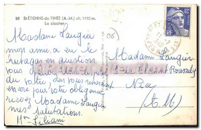 St-Étienne-de-Tinée (A.M.) — O campanário — Edição FRANCE, 2, rue de l'entrepôt, Nice — Verso
