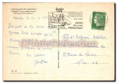 Tende (Alpes-Maritimes) — widok panoramiczny z kościołem i mostem nad jeziorem — Wydawnictwo TADIA — Rewers
