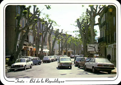 Trets - Av. da República — vista de rua arborizada com carros dos anos 1980