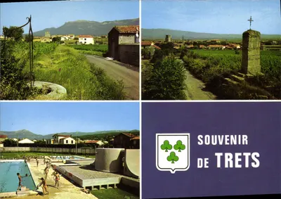 Trets — vista da cidade, do monumento e da piscina — Souvenir de Trets