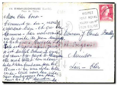 Vue van de plein van de Kerk in Saint-Rémy-les-Chevreuses — uitgever J.P. (handtekening in de onderhoek rechts) — Achterkant