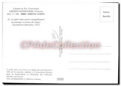 Caminho de Ferro Turístico Froissy-Dompierre — O pequeno trem chega ao cruzamento de Cappy — Edição J. Pradayrol — Verso