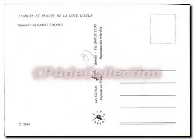 Saint Tropez — widok panoramiczny, uliczki, żagiel, statek i naga kobieta — Wydawnictwo SIRA CHROME, C 1044 — Rewers