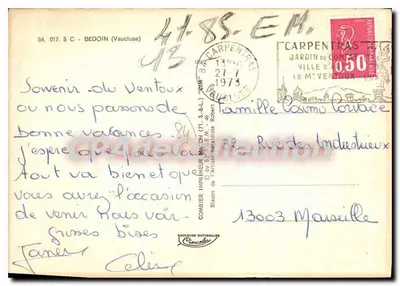 Bédoin — O centro do vilarejo, o Mont Ventoux, o Mouustier e a igreja — Editor C. Blason — Verso