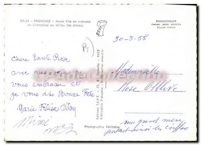 Provence - Menina vestida com traje comtadino no meio dos oliveiros — Edições S.F.P.T. n°89-34 — Verso